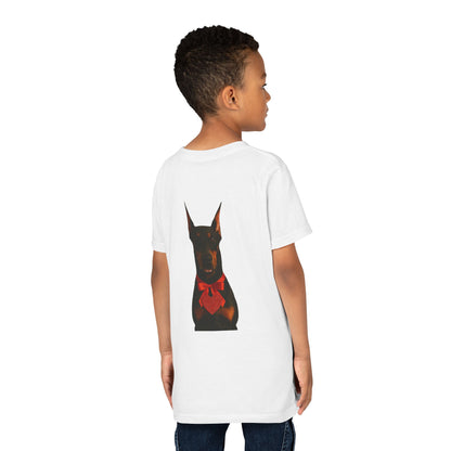 Cupid's Companion Doberman  Youth Unisex Short Sleeve Crewneck Tee