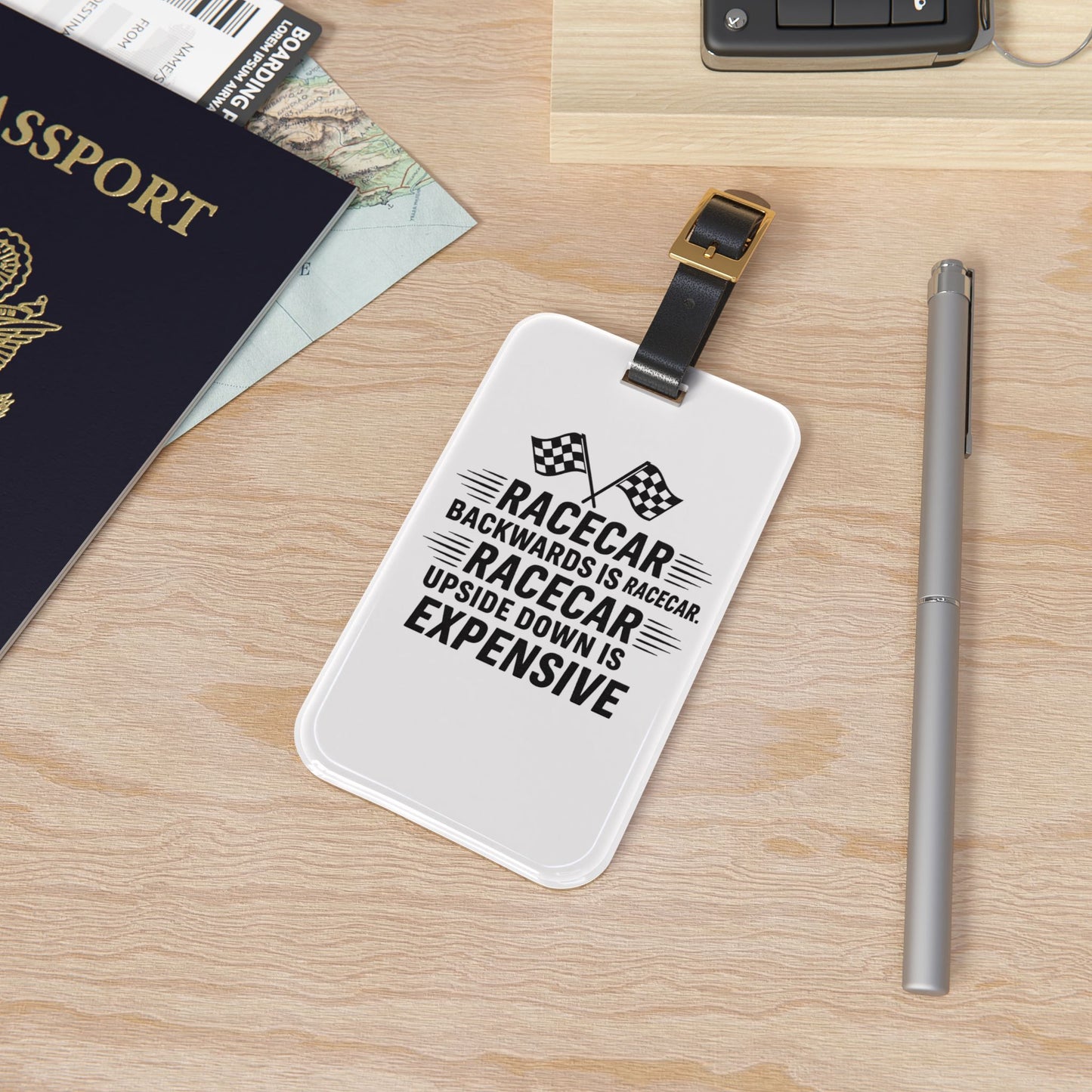 Racecar Backwards Leather Strap Luggage Tag