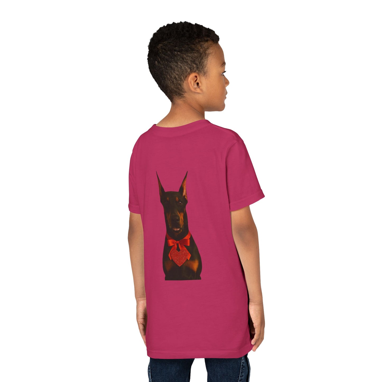 Cupid's Companion Doberman  Youth Unisex Short Sleeve Crewneck Tee