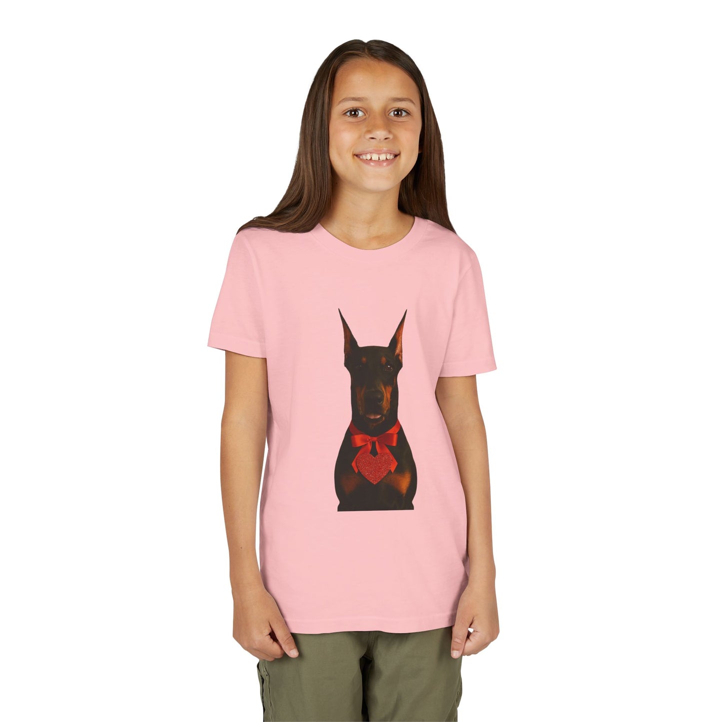 Cupid's Companion Doberman  Youth Unisex Short Sleeve Crewneck Tee