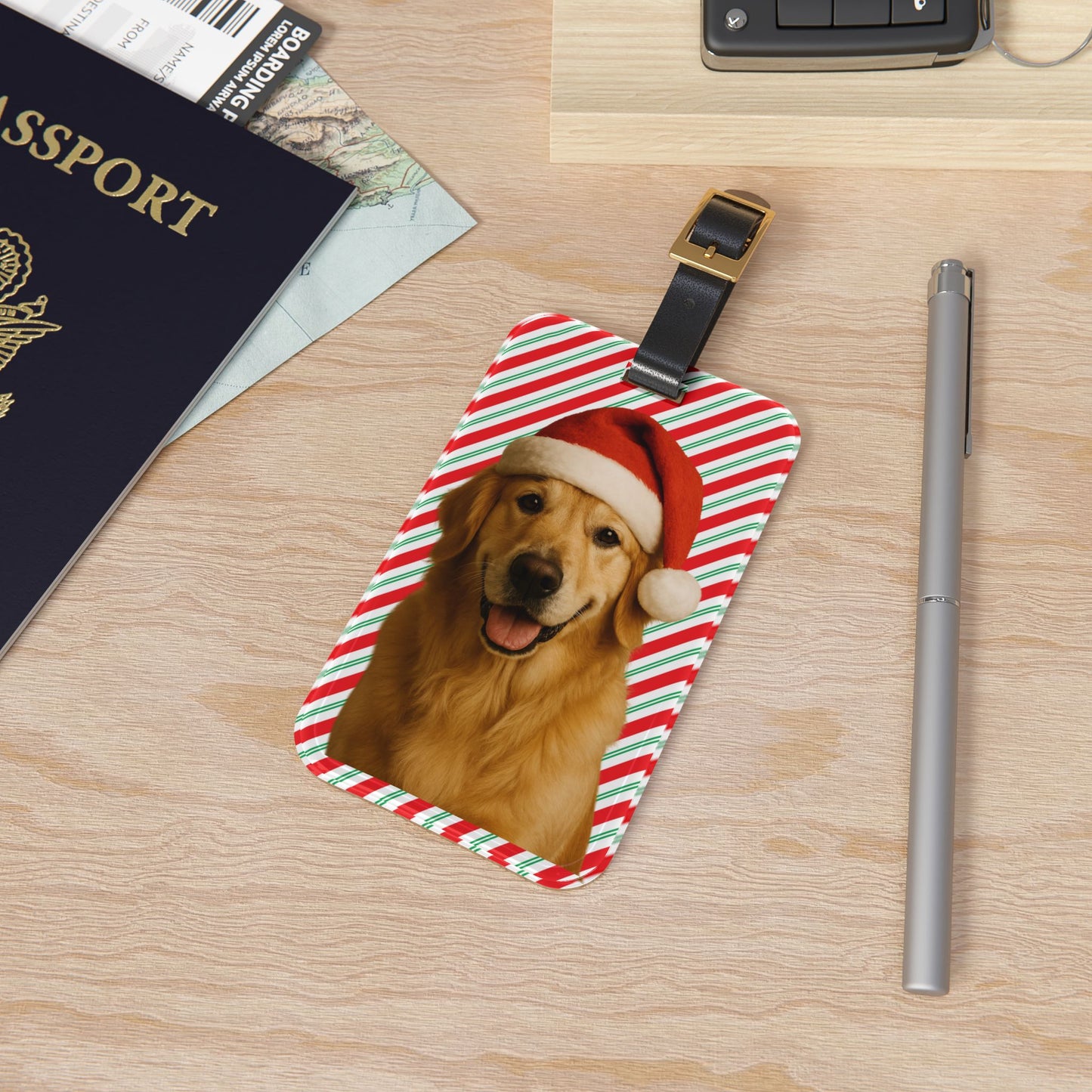 Santa Paws Golden Leather Strap Luggage Tag