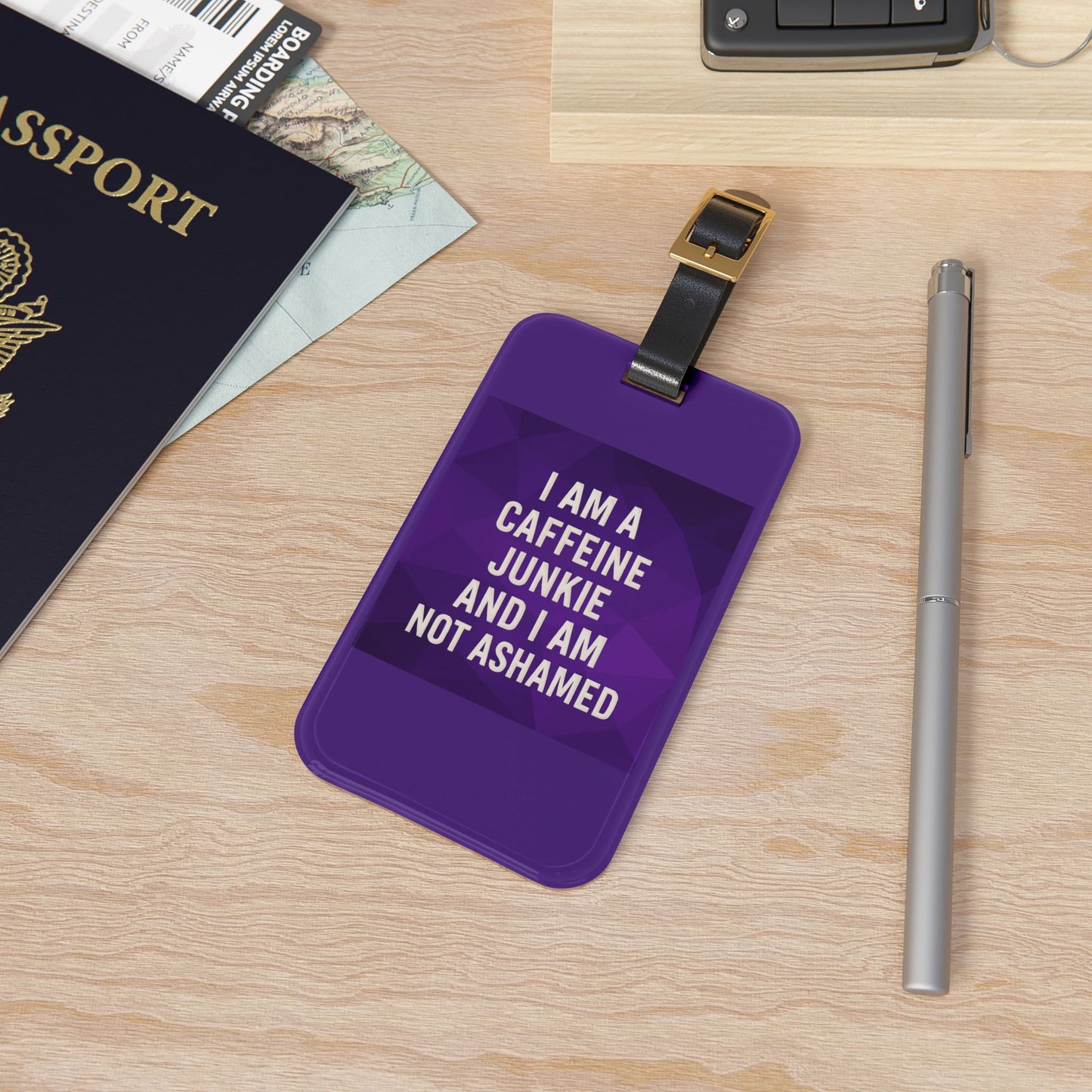 Caffeine Junkie Leather Strap Luggage Tag
