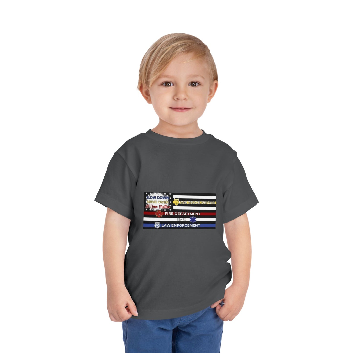 Slow Down Move Over Flag Toddler Unisex Short Sleeve Crewneck Tee