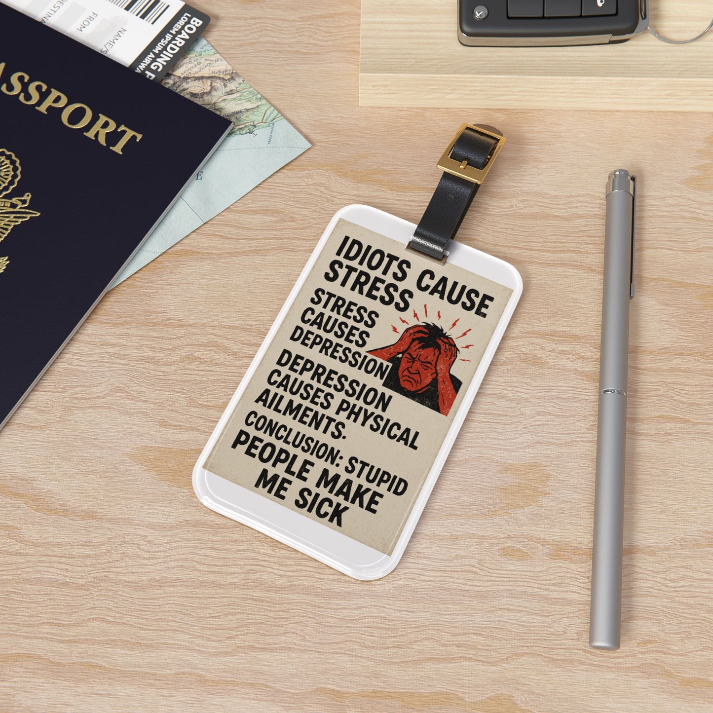 Stupid People Leather Strap Luggage Tag