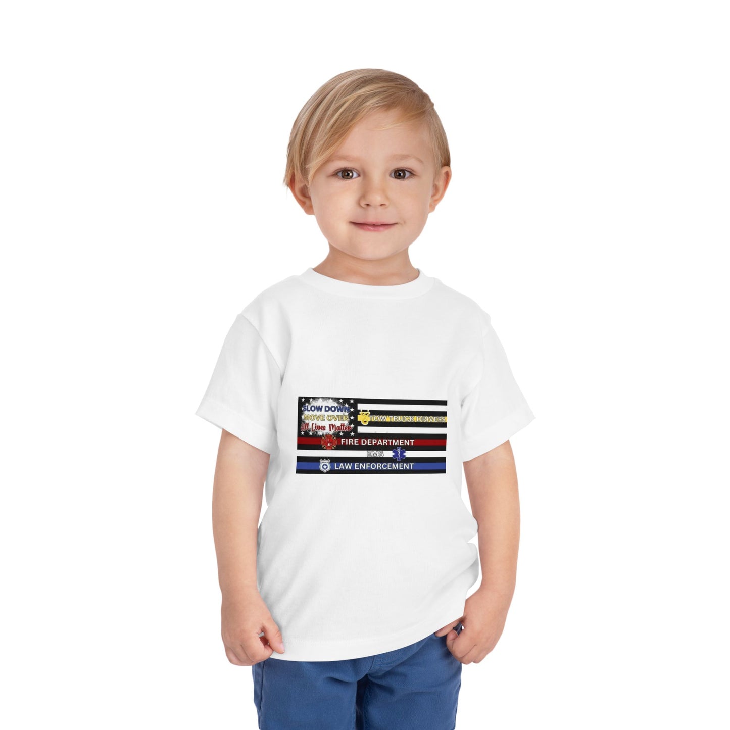 Slow Down Move Over Flag Toddler Unisex Short Sleeve Crewneck Tee