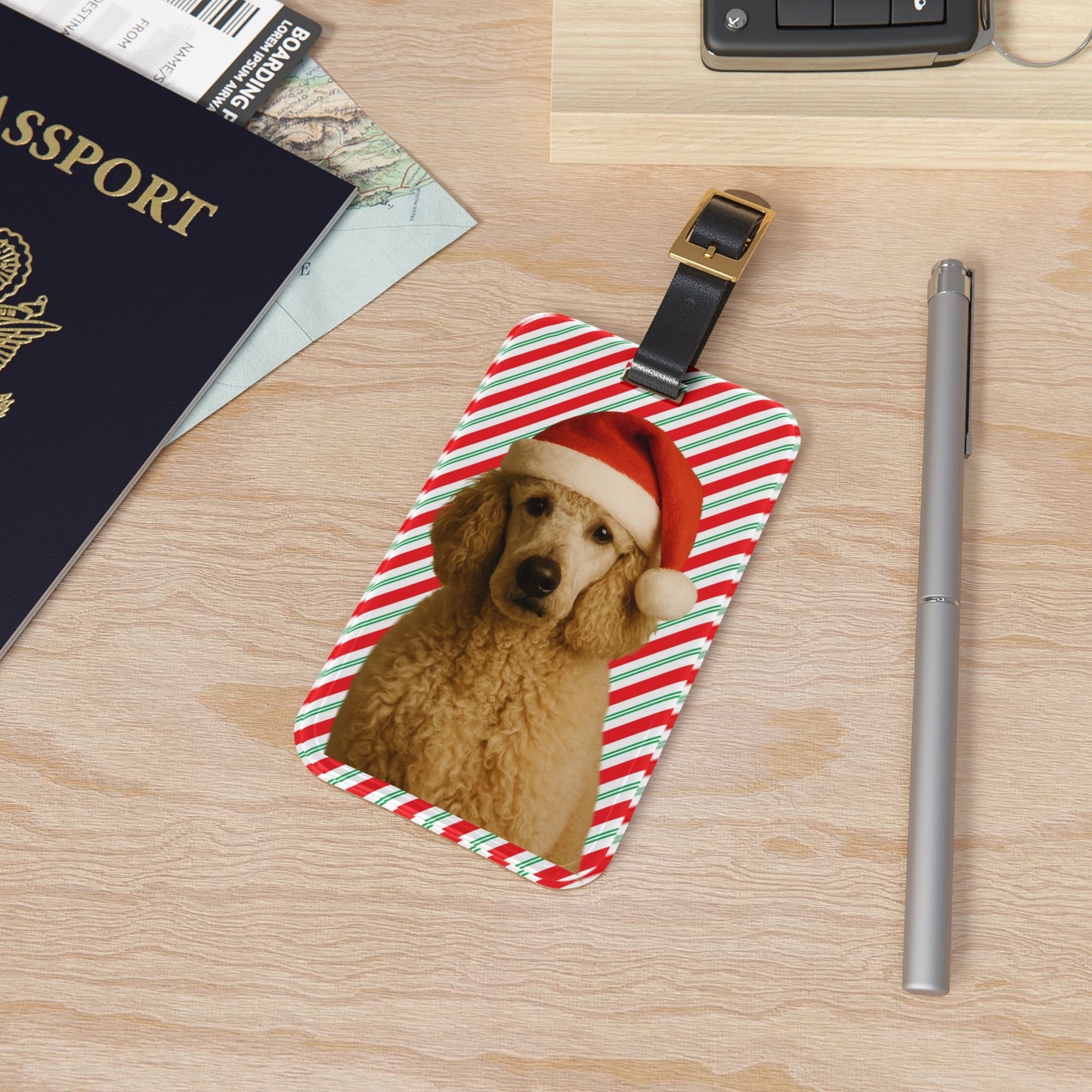 Santa Paws Poodle Leather Strap Luggage Tag