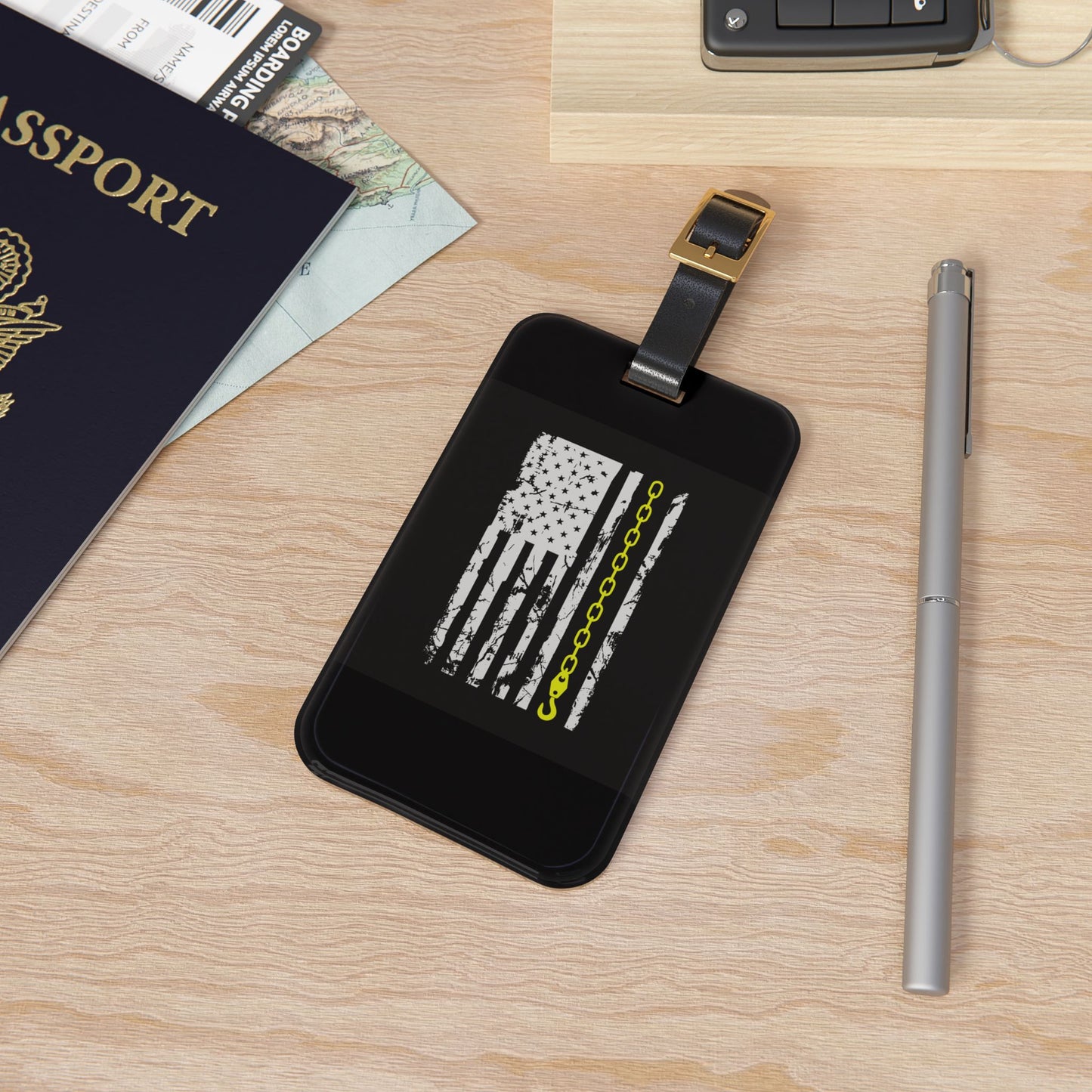 Thin Yellow Line Leather Strap Luggage Tag