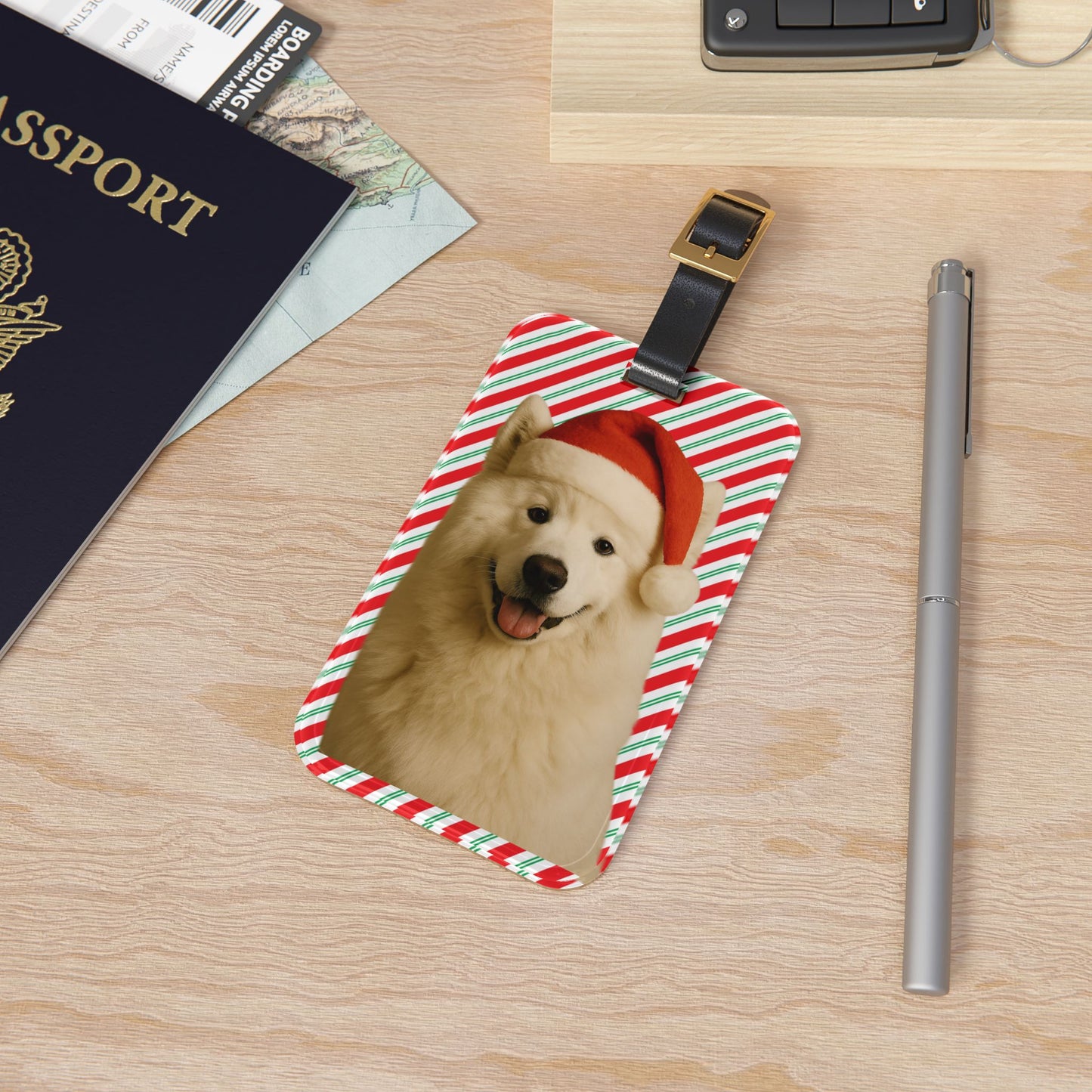 Santa Paws Samoyed Leather Strap Luggage Tag