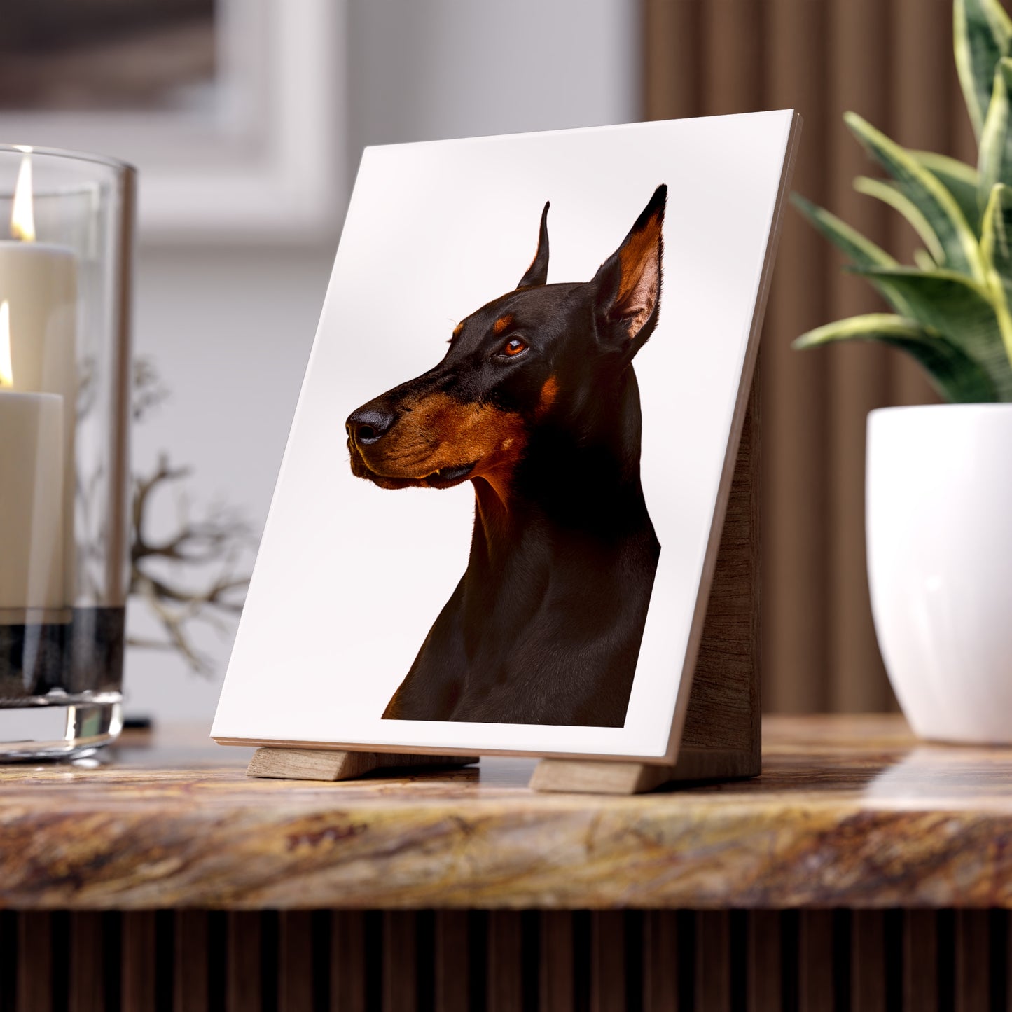 Doberman Head Ceramic Photo Tile